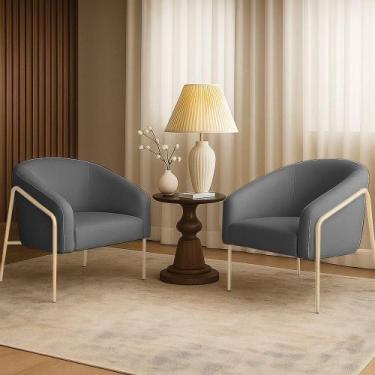 Imagem de Poltrona Sala Industrial Alta Champanhe Kit 2 Stella Linho Grafite D03