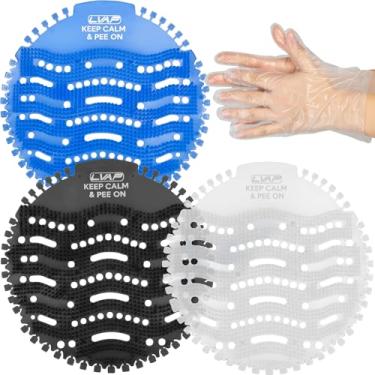 Imagem de Desodorizador de tela de mictório (pacote com 24) Proteção contra odores para banheiros no escritório, escolas, restaurantes, banheiros, 3 cores anti-respingos - 24 bolos de mictório + 24 luvas grátis