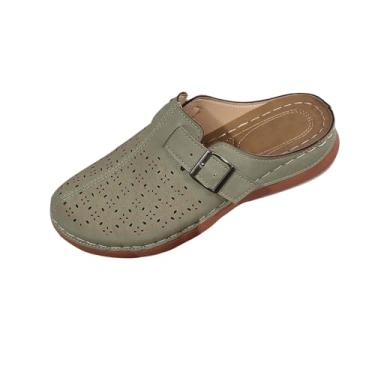 Imagem de Sandálias femininas modernas ocas de cor sólida com fivela e tiras fechadas para o verão chinelos de salto alto grosso, Verde, 36