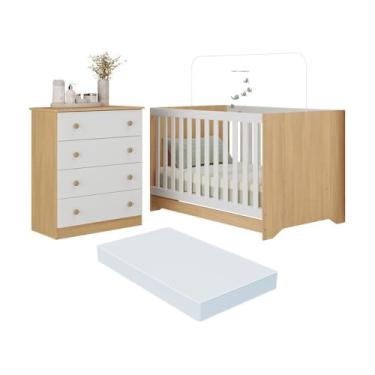 Imagem de Berço Americano 3 em 1 com Colchão Incluso e Cômoda 4 Gavetas Encanto Multimóveis Mp4699 Madeirado/branco