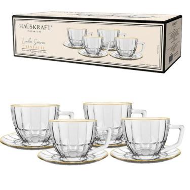 Imagem de Conjunto 4 Xícaras de Café Vidro Cristalle com Pires Borda Dourada 90m