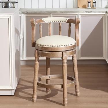 Imagem de AULIFE Bancos de bar de madeira de couro bovino, cadeira giratória de 360 graus com encosto para balcão de cozinha doméstica, banquetas de bar para cadeira Morden (retrô, altura do assento do balcão