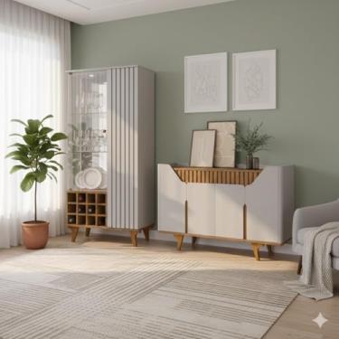 Imagem de Kit Cristaleira Elba e Aparador Tâmisa Ripado LED Sala Adega (Off/Marrom)