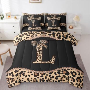 Imagem de Jogo de cama casal de 7 peças com estampa de leopardo, com letra G | Jogo de cama com laço de guepardo Coquette moderno, moderno, moderno, com lençóis, meninas, alfabeto, estampa de guepardo, edredom
