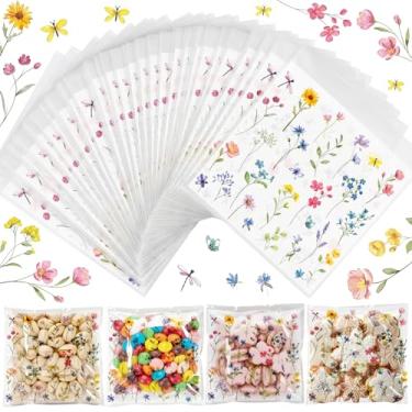 Imagem de Tinlade 200 peças de sacos de guloseimas de celofane para festa de flores silvestres decorações de doces florais de plástico transparente para casamento, aniversário, formatura e festa