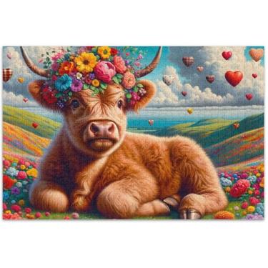 Imagem de Quebra-cabeça personalizado com flor de vaca Highland para adultos, 1000 peças, presentes de elefantes brancos, quebra-cabeças duros, pintura de arte floral, 75 x 40 cm