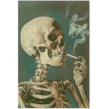 Imagem de Quebra-cabeça de pintura esqueleto fumando 1000 peças adultos amigos família jogo presentes quebra-cabeça cena outono família brinquedo arte arte