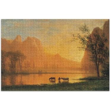 Imagem de Quebra-cabeça paisagem Albert Bierstadt Sundown Yosemite 1000 peças presentes de elefante branco adulto engraçado natureza quebra-cabeça cenário arte floral, 75 x 40 centímetros