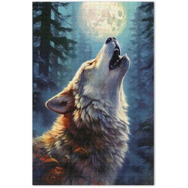 Imagem de Quebra-cabeças de lobo uivando lua floresta para adultos 1000 peças presentes de festa elefante branco Prime Puzzles decoração de casa, 75 x 40 centímetros