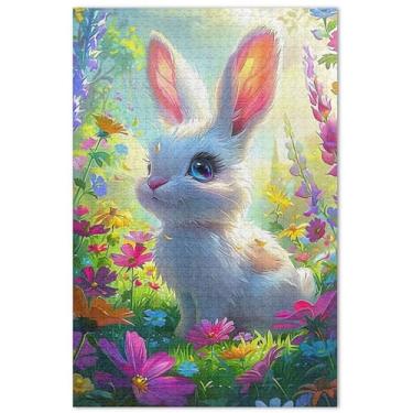 Imagem de Quebra-cabeça de campo de flores coelho coelho para adultos 1000 peças engraçadas engraçadas presentes de jogo de quebra-cabeça duros decoração de casa arte