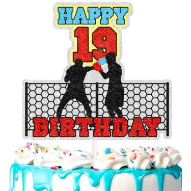 Imagem de Topper de bolo de boxe 19º tema de boxe decoração de luta feliz aniversário, festa esportiva de fitness, festa de aniversário de meninos e meninas, suprimentos de decoração de saco de pancadas de luta