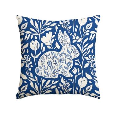Imagem de AVOIN colorlife Capa de almofada azul escuro e branco coelhinho da Páscoa, 45,7 x 45,7 cm, folhas de eucalipto, decoração para sofá