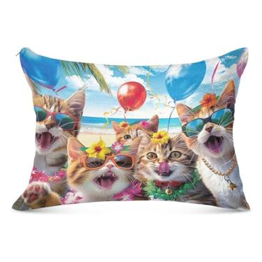 Imagem de Capas decorativas de flanela para travesseiro padrão Queen King com estampa de gatos sorrindo, tamanho Queen, 51 x 76 cm