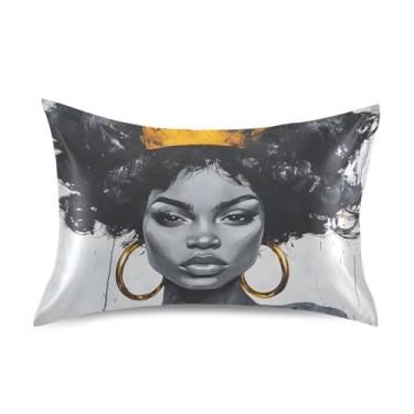 Imagem de Fronhas de cetim fofas refrescantes personalizadas padrão King Queen fronha para acne tamanho Queen 76.2 cm x 50.8 cm Black Queen Gold Crown Painting