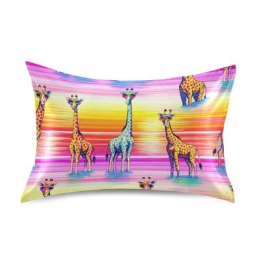 Imagem de Fronhas de cetim lindas girafas coloridas listradas king queen fronha padrão luxo refrescante roupa de cama travesseiro tamanho padrão 66.0 cm x 50.8 cm