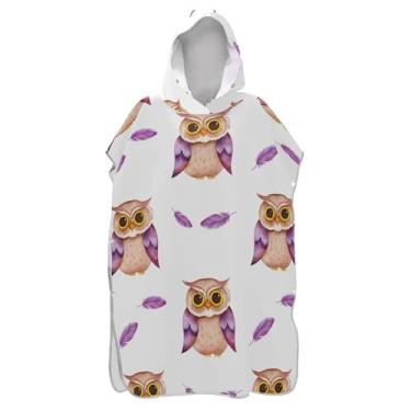 Imagem de TSENQUE Poncho de surfe para mudança de roupão de banho de praia toalhas com capuz absorventes corujas fofas brancas desenho animado roxo ponchos adultos para mulheres