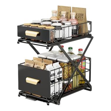 Imagem de Tharyee Organizador de armário de 2 camadas com altura ajustável, organizador embaixo da pia, prateleiras deslizantes para armazenamento de gaveta para organização de cozinha (preto, 2 camadas)