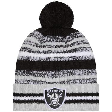 Imagem de New Era Gorro de malha Las Vegas Raiders Sideline Sport cinza listrado com punho pompom - NFL Cheer Cuff Knit Cap