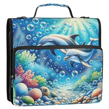 Imagem de Fichários fofos com 3 anéis no fundo do mar com bolhas de golfinhos com zíper e alça de ombro para armazenamento de tecido escolar pasta de portfólio com alça
