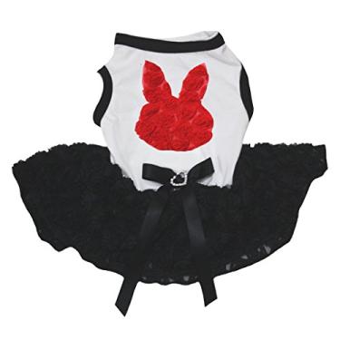 Imagem de Petitebella Vestido de algodão branco com estampa floral e rosto de coelho para cachorro tutu (tutu floral preto, pequeno)