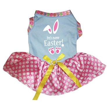 Imagem de Petitebella Personalize a camiseta de algodão com orelhas de coelho da páscoa vestido para cachorro (azul/rosa pontilhados, 3GG)