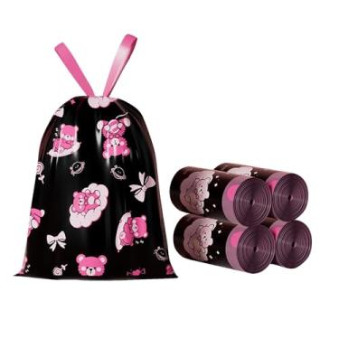 Imagem de 200 peças de sacos de lixo de 4 galões com cordão e forro de plástico separado sem rasgos para banheiro, escritório, casa, quarto, sacos de lixo pequenos (preto e rosa, 200 unidades)