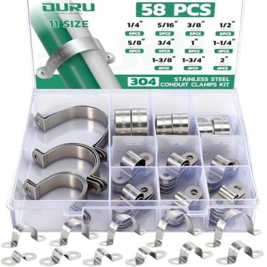 Imagem de OURU Kit sortido de braçadeira de conduíte de 58 peças, aço inoxidável 304, 11 tamanhos (1/10.2 cm-5.1 cm) Braçadeira de tubo de metal rígido, suporte em U, alça de tubo de 2 furos para automóvel