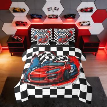 Imagem de Erosebridal Jogo de cama solteiro de corrida, 7 peças, carro, competição, esportes radicais, vermelho, com lençol com lençol com estampa geométrica