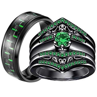 Imagem de ringheart 2 anéis pretos para ele e ela anéis de casal roxo CZ 3 peças conjuntos de alianças de casamento femininas de aço de titânio para homens, women size8 & men size10, Metal Cristal Metal Cristal