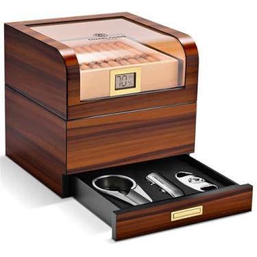 Imagem de JDIME Cedro Espanhol Madeira Glasstop Caixa Umidor de Charuto Presente Cinzeiro Cortador Isqueiro Capacidade 100 com Controle de Umidade (B)