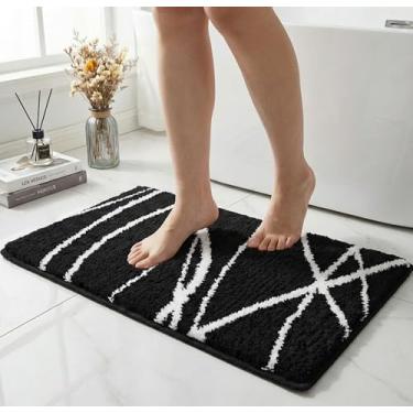 Imagem de Tititex Tapete de banheiro luxuoso preto branco curva linha, 40,6 x 61 cm, clássicos extra macios e absorventes de microfibra, tapete de banho felpudo antiderrapante, tapetes de banho para piso de banheiro, banheira e chuveiro