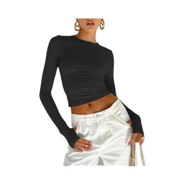 Imagem de Camiseta Cropped Feminina Slim Fit De Manga Longa Com Gola Redonda E A