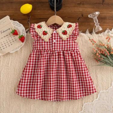 Imagem de Vestido De Algodão Xadrez Vermelho Para Bebê Menina Com Gola De Morang
