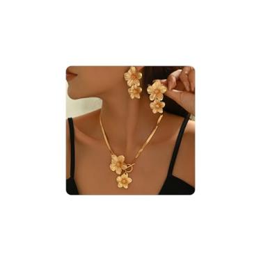 Imagem de LANWLOSI Conjunto de brincos de colar de hibisco dourado para mulheres brincos de gota de flor de hibisco duplo na moda colar de pingente de flor em camadas de ouro verão primavera acessórios de joias