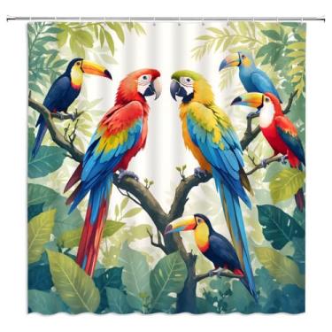 Imagem de Cortina de chuveiro de papagaio da selva floresta tropical pássaro floresta tropical folhas verdes aquarela natureza plantas exóticas pássaros fofos Havaí tecido poliéster conjuntos de cortinas de