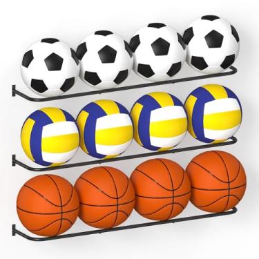Imagem de Pacote com 3 suportes de bola de basquete e esportes, suporte de parede para exibição de futebol, suporte organizador de vôlei de metal com capacidade de 4 bolas para decoração de quarto, garagem