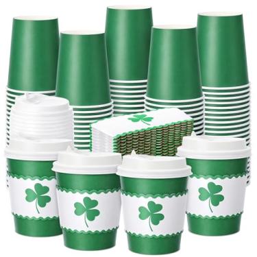 Imagem de Jingmore 48 peças de xícaras de café descartáveis do Dia de São Patrício com tampas e mangas 227 g Shamrock Copos descartáveis para festa de primavera irlandesa