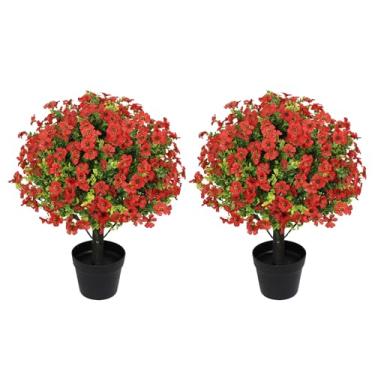 Imagem de Aoutyers Conjunto de 2 plantas artificiais de eucalipto artificial de 61 cm para ambientes externos – mães falsas de vegetação sintética resistente a UV com flores de seda vermelha em vasos de cimento