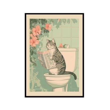 Imagem de Tela de arte de parede de banheiro japonês com gatos lidos jornal pôster de flores abstratas impressões de animais engraçados pintura zen minimalista decoração de banheiro spa para casa de banho