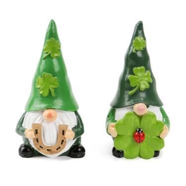 Imagem de SYNCVIBE Estatuetas de gnomo do dia de São Patrício, decorações irlandesas de resina com trevos e pote de ouro, conjunto de 2 (6124)
