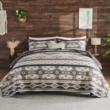 Imagem de QuiltEase Colcha tradicional tamanho Queen – Conjunto de cama rústico asteca de 3 peças – Colcha 100% algodão do sudoeste para todas as estações – edredom leve com motivo de diamante navajo americano