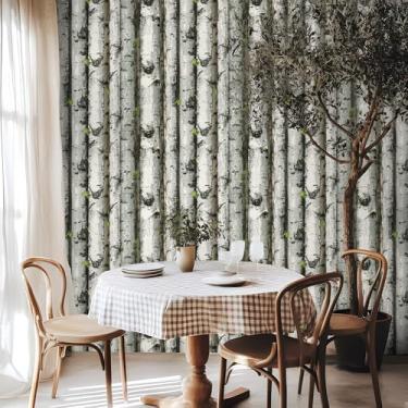 Imagem de HAOKHOME Papel de parede floresta descasque e cole madeira bétula removível cinza/marrom/verde vinil papel de contato mural autoadesivo 44 cm x 10 m