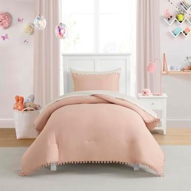 Imagem de Conjunto de edredom infantil solteiro – cama em uma bolsa com lençóis, fronhas e fronhas – roupa de cama macia e elegante com pompom – conjunto de cama para meninas para todas as estações