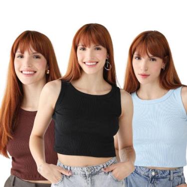 Imagem de Kit 3 Blusas Feminina Cropped Ribana Algodão Premium - 77VS LEVOSCH, P