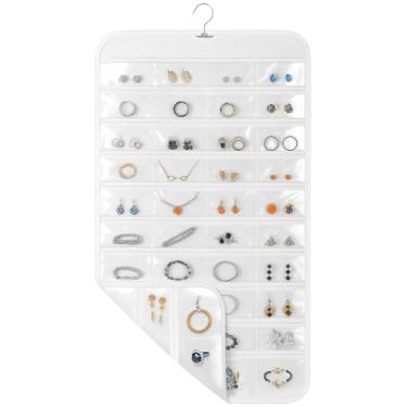 Imagem de Okxiri Organizador de joias suspenso para armário com gancho giratório, 43 x 76 cm, 80 bolsos transparentes, organizador de joias pendurado para joias, brincos, acessórios (bege) (1, branco)