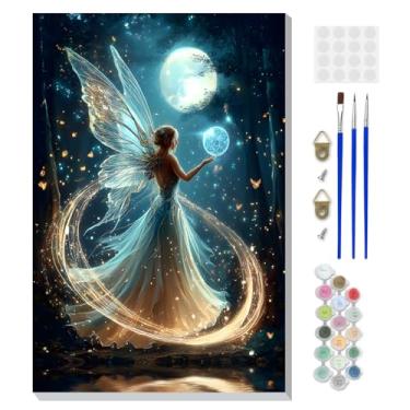 Imagem de DOMROM Kit de pintura emoldurada por números para adultos iniciantes com cavalete de madeira, kit de pintura de fadas DIY por número em tela, kits de pintura a óleo DIY para decoração de parede de