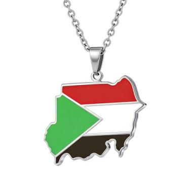 Imagem de Fusamk Colar feminino com bandeira sudanesa banhado a ouro em aço inoxidável com pingente de mapa do Sudão com corrente O de 50 cm, Metal, Sem Pedra Preciosa