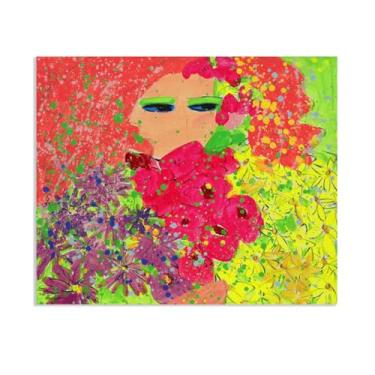Imagem de SDYJ6GSW Walasse Ting Wall Art Girl with Orange Hair and Flowers Impressão em tela Giclee de famosa pintura abstrata colorida presente para seu banheiro moderno decoração de quarto 105 x 80 cm (41 x