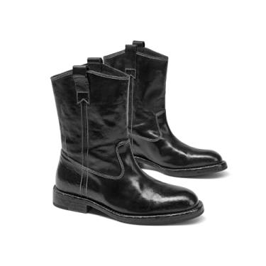 Imagem de BEAU TODAY Botas femininas caubói, botas femininas de couro de cano médio ocidental, botas de cano baixo, sem cadarço, largas, com salto baixo, elegantes e casuais, Preto, 35