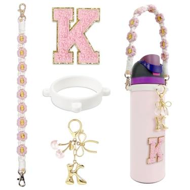 Imagem de BydGxy Amuleto de laço de fita de cereja para Owala FreeSip & Tumbler, acessórios de alça de garrafa de água iniciais personalizados, presente estilo preppy (rosa) - K